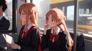 high_school_girl, SAM YANG, disheveled, aaasuna, perfect hands, , in a modern world, medium_breasts, school_uniforms, taking a bus, schoolbag, go to school