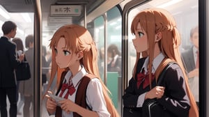 high_school_girl, SAM YANG, disheveled, aaasuna, perfect hands, , in a modern world, medium_breasts, school_uniforms, taking a Subway, schoolbag, go to school