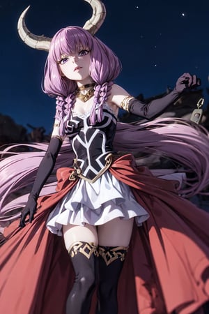  aura the guillotine, long hair, (purple eyes:1.1), purple hair, braid, horns, twin braids, skirt, thighhighs, gloves, choker, black gloves, elbow gloves, Half body,night