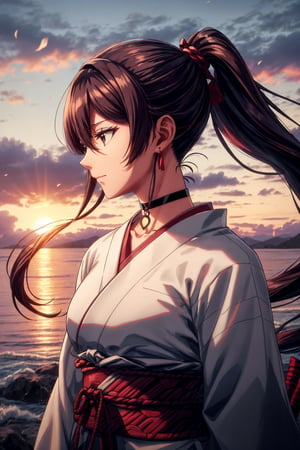 best quality, masterpiece, highres, solo, Yamada Asaemon Sagiri:1.15, 40 years old woman, brown_hair, long_hair, bangs, red_eyes, hair_between_eyes, long locks, jewelry, wind blowing, closed_mouth, ring, upper_body,ponytail,choker,samurai,sagiri