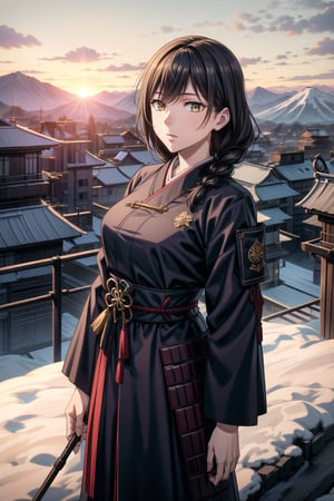 best quality, masterpiece, highres, solo,sole_female, 30 year old military female character, tall woman, soft features, detailed, perfect shadows, yellow eyes, braided long dark hair. she is wearing a dark blue outfit, Japanese armor with a snow flake badge on sleeve. scenery is on top of a mountain, small town behind, summer, warm, Japanese clan members behind her,cowboy_shot,aimom