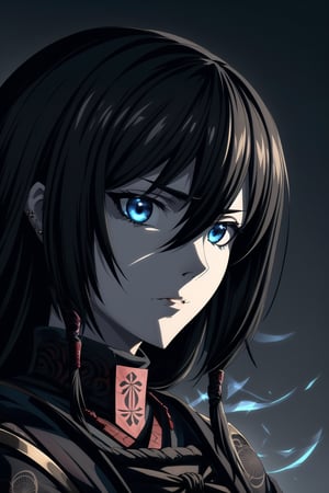 Ethereal Shadows: A haunting portrait of Yui, a seasoned Shinobi warrior, dressed in traditional Japanese armor, poses from the side. Her long black hair cascades over one eye, accentuating her piercing blue eyes with an unnerving intensity. The eyelashes cast intricate shadows on her stoic expression, where her lips form a tight line. Empty, dead eyes seem to pierce through the viewer, as if lost in thought. Sidelocks frame her pale face, gazing off into the distance, lost in contemplation. A high-resolution image reveals every detail of this enigmatic warrior's visage, exuding an air of eerie elegance and mystery.