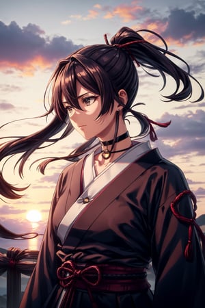 best quality, masterpiece, highres, solo, Yamada Asaemon Sagiri:1.15, 40 years old woman, brown_hair, long_hair, bangs, red_eyes, hair_between_eyes, sidelocks, jewelry, wind blowing, closed_mouth, ring, upper_body,ponytail,choker,samurai,sagiri