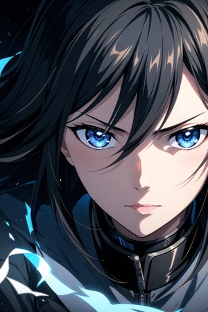 best quality, masterpiece, 1girl,older_female,highres, best quality, masterpiece, 1girl,highres,older_female,solo, blue_eyes,detailed blue eyes, closed_mouth, upper_body,hollow eyes,eyelashes, long black hair,hair_over_eye,hair over one eye,Shinobi,japanese armor,looking_at_viewer, yui, detailed eyes, light_particles, dust_particles, flying ashes,raging flames, wind blowing, emotionless,expressionless, hair_between_eyes, jewelry, closed_mouth, sharp focus, dramatic angle,portrait,looking_at_camera,(((close up face))), extreme close up shot, eyes shot, cinematic lighting, dramatic pose, dark background, face only,samurai,r1ge