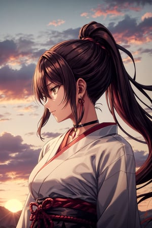 best quality, masterpiece, highres, solo, Yamada Asaemon Sagiri:1.15, 30 years old woman, brown_hair, long_hair, bangs, red_eyes, hair_between_eyes, sidelocks, jewelry, wind blowing, closed_mouth, ring, upper_body,ponytail,choker,samurai,sagiri