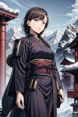 best quality, masterpiece, highres, solo,sole_female, 30 year old military female character, tall woman, soft features, detailed, perfect shadows, yellow eyes, braided long dark hair. she is wearing a dark blue kimono, Japanese armor with a snow flake badge on sleeve. scenery is on top of a mountain, small town behind, summer, warm, Japanese clan members behind her,aimom