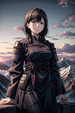 best quality, masterpiece, highres, solo,sole_female, 30 year old military female character, tall woman, soft features, detailed, perfect shadows, yellow eyes, braided long dark hair. she is wearing a dark blue outfit, Japanese armor with a snow flake badge on sleeve. scenery is on top of a mountain, small town behind, summer, warm, Japanese clan members behind her,cowboy_shot,aimom