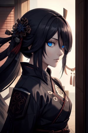 best quality, masterpiece, 1girl,older_female,highres, best quality, masterpiece, 1girl,highres,older_female,solo, blue_eyes,detailed blue eyes,scary gaze,sidelocks, closed_mouth, upper_body,hollow eyes, long black hair,hair_over_eye,hair over one eye,Shinobi,japanese armor,viewed_from_side,looking_at_viewer,looking to the side,eft_eminence_aurora