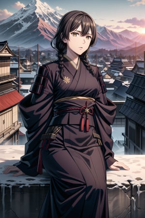 best quality, masterpiece, highres, solo,sole_female, 30 year old military female character, tall woman, soft features, detailed, perfect shadows, yellow eyes, braided long dark hair. she is wearing a dark blue kimono, Japanese armor with a snow flake badge on sleeve. scenery is on top of a mountain, small town behind, summer, warm, Japanese clan members behind her.,aimom