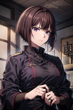 best quality, masterpiece, highres, solo,sole_female, 30 year old military female character, sharp features, calm expression, strict look, detailed, perfect shadows, short hair,brown hair, purple eyes, hair_between_eyes, sidelocks, jewelry, closed_mouth, ring, upper_body,samurai,shinobitech,aakana