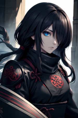 best quality, masterpiece, 1girl,older_female,highres, best quality, masterpiece, 1girl,highres,older_female,solo, blue_eyes,detailed blue eyes,scary gaze,sidelocks, closed_mouth, upper_body,hollow eyes, long black hair,hair_over_eye,hair over one eye,Shinobi,japanese armor,viewed_from_side,looking_at_viewer,looking to the side,yuigahama,yui
