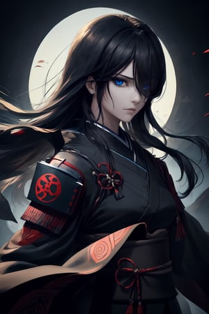 best quality, masterpiece, 1girl,older_female,highres, best quality, masterpiece, 1girl,highres,older_female,solo, blue_eyes,detailed blue eyes,scary gaze,sidelocks, closed_mouth, upper_body,hollow eyes, long black hair,hair_over_eye,hair over one eye,Shinobi,japanese armor,viewed_from_side,looking_at_viewer,looking to the side,izanamidef