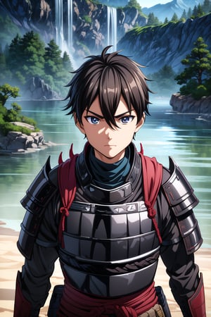 best quality, masterpiece, highres,1boy, young warrior kid, 9 years old ,extrextremely detailed, perfect shadows, hair between ears and eyes . scenery is Japanese atmosphere,black_hair, japanese armor ,extremely detailed eyes, brown eyes, closed_mouth, sharp focus, dramatic angle, cowboyshot,Ninja