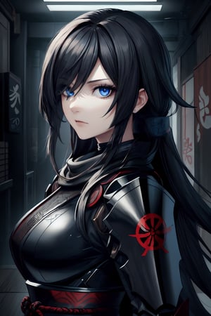 best quality, masterpiece, 1girl,older_female,highres, best quality, masterpiece, 1girl,highres,older_female,solo, blue_eyes,detailed blue eyes,scary gaze,sidelocks, closed_mouth, upper_body,hollow eyes,eyelashes, long black hair,hair_over_eye,hair over one eye,Shinobi,japanese armor,viewed_from_side,looking_at_viewer,looking to the side,yui,noir