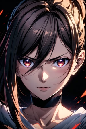best quality, masterpiece, highres, solo, Yamada Asaemon Sagiri:1.15, brown hair, long hair,long ponytail, bangs, red_eyes, detailed eyes, light_particles, dust_particles, flying ashes, wind blowing, serious expression, hair_between_eyes, jewelry, closed_mouth, sharp focus, dramatic angle, portrait, looking_at_camera, (((close up face))), extreme close up shot, eyes shot, cinematic lighting, dramatic pose, dark background, face only,choker,samurai,sagiri,r1ge