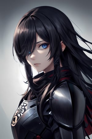 best quality, masterpiece, 1girl,older_female,highres, best quality, masterpiece, 1girl,highres,older_female,solo, blue_eyes,detailed blue eyes,scary gaze,sidelocks, closed_mouth, upper_body,hollow eyes, long black hair,hair_over_eye,hair over one eye,Shinobi,japanese armor,viewed_from_side,looking_at_viewer,looking to the side,yuigahama,yui