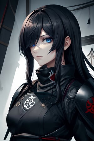 best quality, masterpiece, 1girl,older_female,highres, best quality, masterpiece, 1girl,highres,older_female,solo, blue_eyes,detailed blue eyes,scary gaze,sidelocks, closed_mouth, upper_body,hollow eyes,eyelashes, long black hair,hair_over_eye,hair over one eye,Shinobi,japanese armor,viewed_from_side,looking_at_viewer,looking to the side,yui