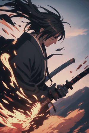 Animate a scene: a man in a dark mountin, lingerie, fire circulating,ronin,ashes,wind blowing,perfect anatomy,perfect shadows,ray tracing,japanese armor,katana sword,viewed_from_side,cowboy_shot,shinobitech,hyakkimaru_dororo