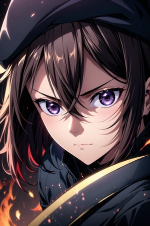 best quality, masterpiece, highres, solo,sole_female, 30 year old military female character, sharp features, calm expression, strict look, detailed, perfect shadows, short hair,brown hair, purple eyes, hair_between_eyes, sidelocks, jewelry, closed_mouth, ring, upper_body,samurai,shinobitech,aakana, detailed eyes, light_particles, dust_particles, flying ashes,raging flames, wind blowing, serious expression, hair_between_eyes, jewelry, closed_mouth, sharp focus, dramatic angle,portrait,looking_at_camera,(((close up face))), extreme close up shot, eyes shot, cinematic lighting, dramatic pose, dark background, face only,samurai,r1ge, beret