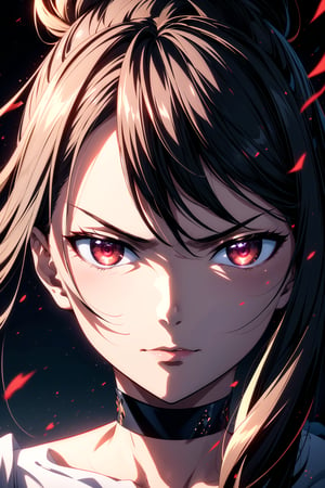 best quality, masterpiece, highres, solo, Yamada Asaemon Sagiri:1.15, brown hair, long hair,long ponytail, bangs, red_eyes, detailed eyes, light_particles, dust_particles, flying ashes, wind blowing, serious expression, hair_between_eyes, jewelry, closed_mouth, sharp focus, dramatic angle,portrait,looking_at_camera,(((close up face))), extreme close up shot, eyes shot, cinematic lighting, dramatic pose, dark background, face only,choker,samurai,sagiri,r1ge