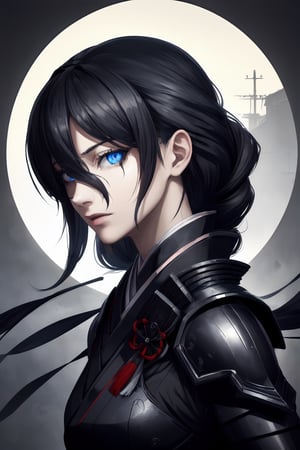 best quality, masterpiece, 1girl,older_female,highres, best quality, masterpiece, 1girl,highres,older_female,solo, blue_eyes,detailed blue eyes,scary gaze,sidelocks, closed_mouth, upper_body,hollow eyes, long black hair,hair_over_eye,hair over one eye,Shinobi,japanese armor,viewed_from_side,looking_at_viewer,looking to the side,izanamidef