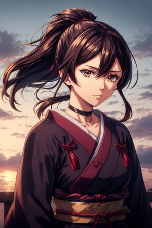 best quality, masterpiece, highres, solo, Yamada Asaemon Sagiri:1.15, 40 years old woman, brown_hair, long_hair, bangs, red_eyes, hair_between_eyes, sidelocks, jewelry, wind blowing, closed_mouth, ring, upper_body,ponytail,choker,samurai,sagiri