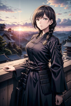 best quality, masterpiece, highres, solo,sole_female, 30 year old military female character, tall woman, soft features, detailed, perfect shadows, yellow eyes, braided long dark hair. she is wearing a dark blue outfit, Japanese armor with a snow flake badge on sleeve. scenery is on top of a mountain, small town behind, summer, warm, Japanese clan members behind her,cowboy_shot,aimom