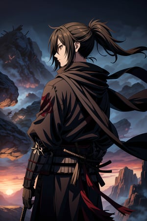 A stunning masterpiece of a 30-year-old Japanese samurai standing strong and alone, shrouded in the misty wind blowing ashes. His short ponytail hair is jet black, matching his armor and the dark, black hollow eyes that seem to pierce through the veil of time. Pale skin, a subtle scarf, and bandages add depth to his rugged visage. Framed from behind, his gaze meets ours directly, as if challenging us to behold his haunting beauty. The hyakkimaru dororo era comes alive in this high-resolution portrait of a ronin, lost in the swirling sands of time.