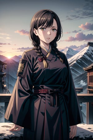 best quality, masterpiece, highres, solo,sole_female, 30 year old military female character, tall woman, soft features, detailed, perfect shadows, yellow eyes, braided long dark hair. she is wearing a dark blue outfit, Japanese armor with a snow flake badge on sleeve. scenery is on top of a mountain, small town behind, summer, warm, Japanese clan members behind her,cowboy_shot,aimom