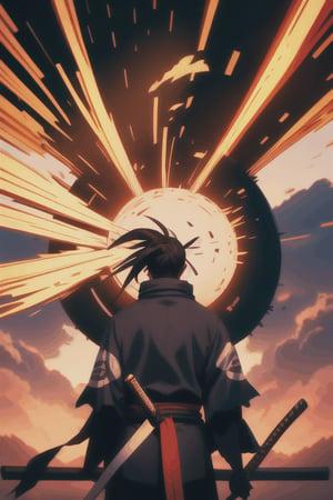 Animate a scene: a man in a dark mountin, lingerie, fire circulating,ronin,ashes,wind blowing,perfect anatomy,perfect shadows,ray tracing,japanese armor,katana sword,viewed_from_behind,cowboy_shot,shinobitech,hyakkimaru_dororo