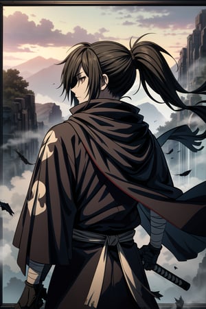 A stunning masterpiece of a 30-year-old Japanese samurai standing strong and alone, shrouded in the misty wind blowing ashes. His short ponytail hair is jet black, matching his armor and the dark, black hollow eyes that seem to pierce through the veil of time. Pale skin, a subtle scarf, and bandages add depth to his rugged visage. Framed from behind, his gaze meets ours directly, as if challenging us to behold his haunting beauty. The hyakkimaru dororo era comes alive in this high-resolution portrait of a ronin, lost in the swirling sands of time.