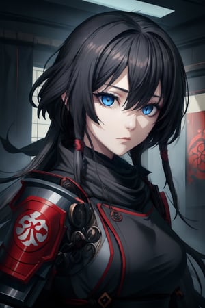 best quality, masterpiece, 1girl,older_female,highres, best quality, masterpiece, 1girl,highres,older_female,solo, blue_eyes,detailed blue eyes,scary gaze,sidelocks, closed_mouth, upper_body,hollow eyes,eyelashes, long black hair,hair_over_eye,hair over one eye,Shinobi,japanese armor,viewed_from_side,looking_at_viewer,looking to the side,yui,noir