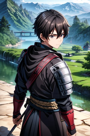 best quality, masterpiece, highres,1boy, young warrior kid, 9 years old ,extrextremely detailed, perfect shadows, hair between ears and eyes . scenery is Japanese atmosphere,black_hair, japanese armor ,extremely detailed eyes, brown eyes, closed_mouth, sharp focus, dramatic angle, viewed_from_behind,Ninja