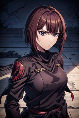 best quality, masterpiece, highres, solo,sole_female, 30 year old military female character, sharp features, calm expression, strict look, detailed, perfect shadows, short hair,brown hair, purple eyes, hair_between_eyes, sidelocks, jewelry, closed_mouth, ring, upper_body,samurai,shinobitech,aakana