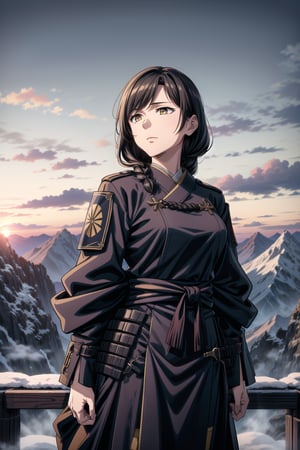 best quality, masterpiece, highres, solo,sole_female, 30 year old military female character, tall woman, soft features, detailed, perfect shadows, yellow eyes, braided long dark hair. she is wearing a dark blue outfit, Japanese armor with a snow flake badge on sleeve. scenery is on top of a mountain, small town behind, summer, warm, Japanese clan members behind her,cowboy_shot,aimom