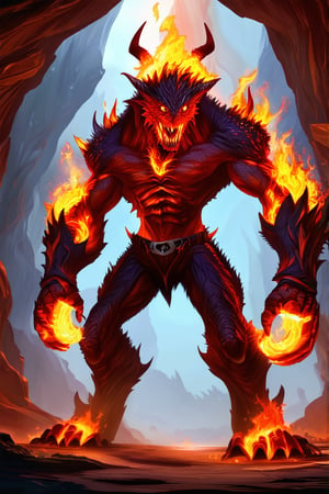 a devil monster stands in dark cave. He uses the magic ring and turns into the ultimate form of a fire magic \(ek_ge1frt\) monster,fire elemental effect,ek_game_3ffect,ek_real_b00ster