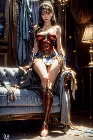 Korean wonder_woman sitting on luxury mansion couch, detailed exquisite face, detailed (brown eyes):1.2, eyeliners, smile, glossy lips, high ponytail, long black straight hair, natural huge breasts, hourglass figure, crossed_legs, earrings, necklasces, (very sexy) pose, glossy skin, (full body), (masterpiece, best quality, ultra-detailed, 8K):1.1, (realistic:1.2), (intricate:1.3), cinematic lighting, yuzu, kwon-nara