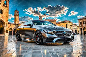 ((Ultra-realistic)) photo of mercedes e53 amg coupe,metallic grey color,shiny spinning wheels,glossy black alloy rims with silver edge,bright turned on head lights
BREAK
backdrop of (a medieval plaza in Italy:1.4), 14th century, (golden ratio:1.3), (medieval architecture:1.3), (mullioned windows:1.3), (brick wall:1.1), (tower with merlons:1.2), overlooking the plaza, beautiful blue sky with imposing cumulonembus clouds,depth of perspective,vehicle focus,(wide shot),random angle view
BREAK
sharp focus,high contrast,studio photo,trending on artstation,rule of thirds,perfect composition,(Hyper-detailed,masterpiece,best quality,UHD,HDR,32K, kodachrome 800,shiny,glossy,reflective:1.3),H effect,photo_b00ster, real_booster,more detail XL,itacstl,amazing quality