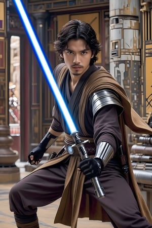 Hyper-Realistic photo of a jedi swinging lightsaber,1boy,solo,black hair,gloves,weapon,male focus, sword,facial hair,parody,beard,science fiction, animification,energy sword,lightsaber,looking at viewer,Lee Jung-Jae \(Sol in Star Wars Acolyte\) lookalike,cap,fullbody:1.3
BREAK
backdrop:indoor,store,shelf,table,[cluttered maximalism]
BREAK
settings: (rule of thirds1.3),perfect composition,studio photo,trending on artstation,depth of perspective,(Masterpiece,Best quality,32k,UHD:1.4),(sharp focus,high contrast,HDR,hyper-detailed,intricate details,ultra-realistic,kodachrome 800:1.3),(cinematic lighting:1.3),(by Karol Bak$,Alessandro Pautasso$,Gustav Klimt$ and Hayao Miyazaki$:1.3),art_booster,photo_b00ster, real_booster,w1nter res0rt