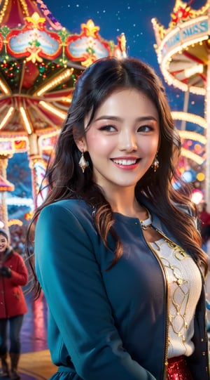 "Generate an image of a stylish and statuesque young woman (23yo) joyfully celebrating Christmas at an amusement park. Dressed in chic winter fashion, she laughs and twirls amidst the vibrant lights and festive decorations. The carousel spins behind her, casting a magical glow, while the air is filled with the cheerful melodies of holiday tunes. The woman's radiant smile and carefree spirit capture the essence of festive merriment. This scene portrays the excitement and happiness of embracing the Christmas season in a fun and lively amusement park setting." BREAK

(masterpiece,best quality,ultra-detailed,8K,intricate, realistic:1.3),(full body, wide shot:1.3),rule of thirds, vibrant colors,hourglass figure,smile,black hair,sharp nose,earrings,jewelry, shiny skin, detailed exquisite face,cinematic lighting,Aerial,1 girl,Color Booster, leonardo,style,cyberpunk style,greg rutkowski, seolhyun,song-hyegyo-xl