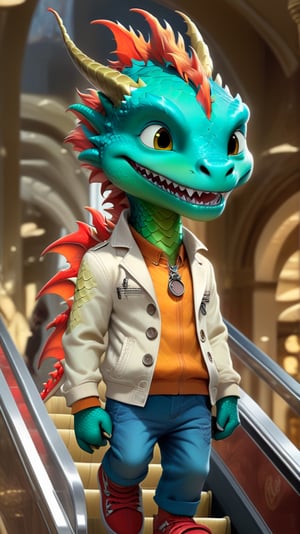 Cartoon: a very cute and young-looking dragon boy,taking escalator in a fantastic department store,ivory jacket,cheerful,complex backdrop,cinematic lighting,rule of thirds,depth of perspective,trending on artstation,(hyper-realistic,Ultra-detailed,sharp focus,high contrast,HDR,masaterpiece,RAW photo),(fullbody:1.3),dragon_h,art_booster, real_booster