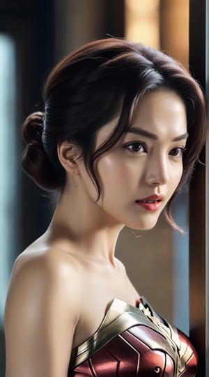 A sophisticated woman,detailed exquisite symmetric face,soft shiny skin,detailed seductive eyes,sharp nose,short hair,hourglass figure,perfect female form,slim and tall model body,model pose,bokeh,mesmerizing and alluring,looking at viewer,siena natural ratio,by Sakimichan and Yoji Shinkawa and Serafleur,(head to thigh sideview:1.3),more detail XL,wonder-woman-xl,jeon_jihyun,kimtaeri-xl