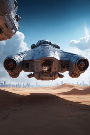 ((Ultra-realistic)) photo of a starship,parked on a desert,landing bridge on ground,front side view,entrance door open,door starcase open,jet engines on wings,blunt head,cannons on head side,canopy on head top,red lights on head bottom,
BREAK
(backdrop of Detailed Realistic futuristic city view,sky,cloud,cluttered maximalism:1.2)depth of perspective,starship focus,(wide shot),dark:1.2 
BREAK 
sharp focus,high contrast,detailed,realistic,studio photo,trending on artstation,rule of thirds,perfect composition,cinematic lighting,ek_raz0r_cre5t