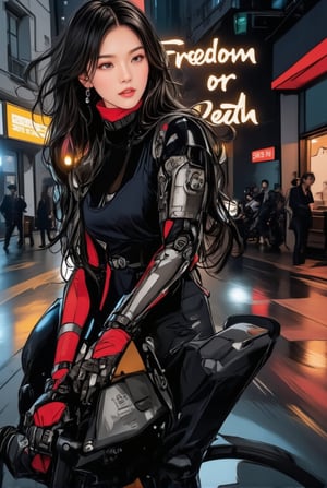 a cyborg girl in mecha armor. Black and red colored armor. neon light lines glowing, exquisite face, soft shiny skin, longhair blowing, sunglasses. riding a motor cycle, kawasaki ninja h2 carbon at high speed,city street backdrop,puddles,focused expression,dark,((Big neon light saying "Freedom or Death" in the background))
BREAK
realistic,detailed,sharp focus,high contrast,rule of thirds,depth of perspective,award-winning photo,chiaroscuro lighting,ek_g1rl_02,ink style