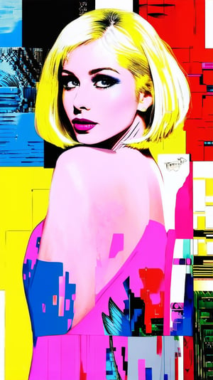 Pop art of patchwork style for a beautiful blonde model,ow key,short hair,detailed exquisite face,elegant dress,parody,mysterious and ethereal,unearthly,close-up,
ek_art_b00ster