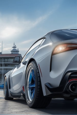 photo of Toyota Supra 2025,White color,shiny spinning wheels,glossy Blue alloy rims with silver edge,bright turned on head lights,(Detailed Realistic harbor city with pcean view backdrop,boat,bird,cloud),dark,depth of perspective, vehicle focus,(wide shot) BREAK sharp focus,high contrast,studio photo,trending on artstation,rule of thirds,perfect composition,(Hyper-detailed,masterpiece, best quality,UHD,HDR,32K,shiny,glossy,reflective, kodachrome 800).,ek_ph0t0_b00ster,ek_an1_b00ster,ek_art_b00ster,ek_game_3ffect