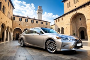 ((Ultra-realistic)) photo of Lexus ES300h,metallic silver color,shiny spinning wheels,glossy gold alloy rims with silver edge,bright turned on head lights
BREAK
backdrop of (a medieval plaza in Italy:1.4), 14th century, (golden ratio:1.3), (medieval architecture:1.3), (mullioned windows:1.3), (brick wall:1.1), (tower with merlons:1.2), overlooking the plaza, beautiful blue sky with imposing cumulonembus clouds,depth of perspective,vehicle focus,(wide shot),random angle view,cluttered maximalism
BREAK
sharp focus,high contrast,studio photo,trending on artstation,rule of thirds,perfect composition,(Hyper-detailed,masterpiece,best quality,UHD,HDR,32K, kodachrome 800,shiny,glossy,reflective:1.3),H effect,photo_b00ster, real_booster,more detail XL,itacstl