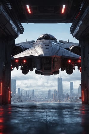 ((Ultra-realistic)) photo of a starship,parked on a future city garage,landing bridge on ground,front side view,left side entrance door open,door starcase open,jet engines on wings,blunt head,cannons on head side,canopy on head top,red lights on head bottom,
BREAK
(backdrop of Detailed Realistic futuristic city view,garage,sky,cloud,cluttered maximalism:1.2)depth of perspective,starship focus,(wide shot),dark:1.2 
BREAK 
sharp focus,high contrast,detailed,realistic,studio photo,trending on artstation,rule of thirds,perfect composition,cinematic lighting,ek_raz0r_cre5t