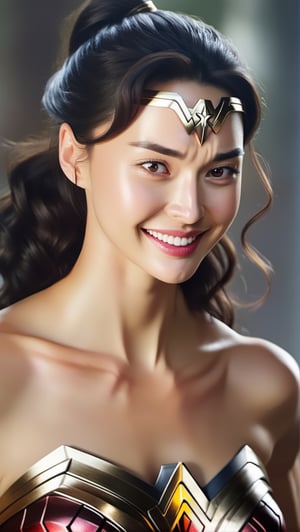 Very (detailed) illustration of a ((best quality)), ((masterpiece)), mesmerizing and alluring female model, confident smile, playful smirk, (looking at viewer):1.3, (high ponytail):1.3, (view from her back):1.3, small earrings, necklaces, detailed eyes, glossy skin, very sexy pose, hourglass_figure, natural huge breasts, high contrast, [colorful], [full body], rule of thirds, cinematic lighting, detailmaster2, kwon-nara-xl,wonder-woman-xl
