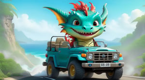 a cute dragon boy,driving a cute land cruiser on a highway,wearing goggles,ocean backdrop,highly detailed,cinematic lighting,rule of thirds,depth of perspective,trending on artstation,wide shot,dragon_h,art_booster,real_booster